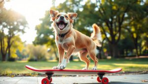 Read more about the article A Image Of A Dog On A Red Skateboard: Playful Pet Photo